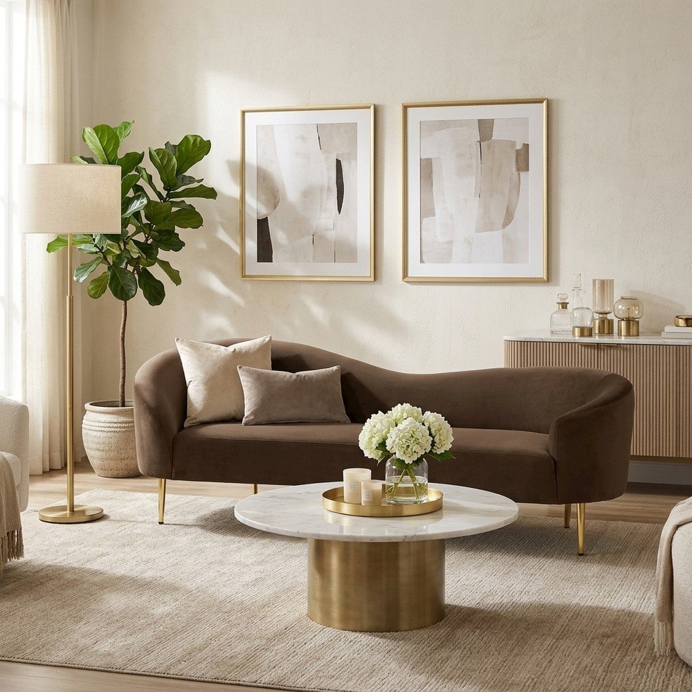 Velvet-Upholstered Sofa and Loveseat with Gold-Finish Wood Legs, Brown Velvet