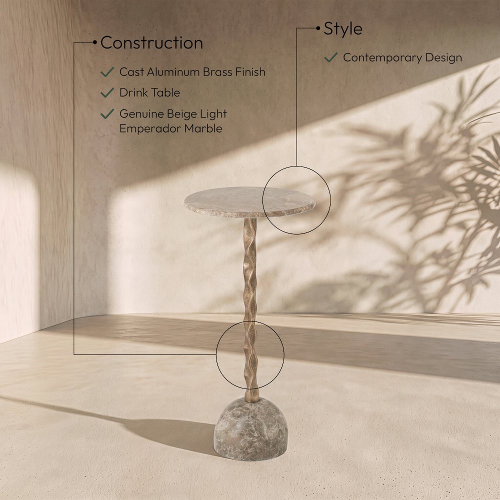 Helix Beige Genuine Marble Top And Aluminum Base End / Side Table