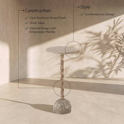 Helix Beige Genuine Marble Top And Aluminum Base End / Side Table
