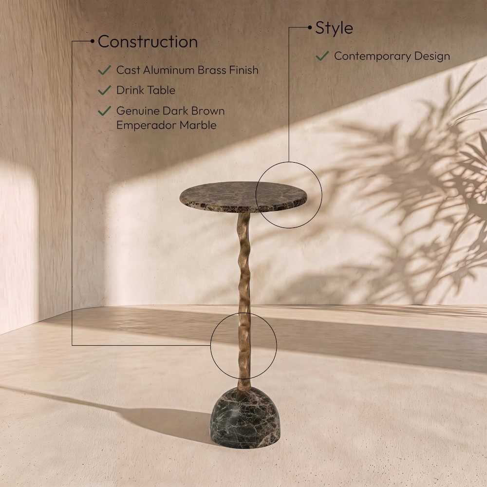 Helix Brown Genuine Marble Top And Aluminum Base End / Side Table