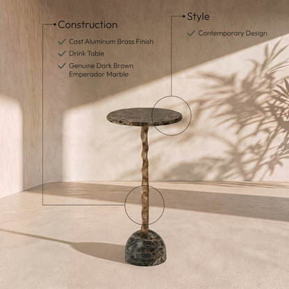 Helix Brown Genuine Marble Top And Aluminum Base End / Side Table