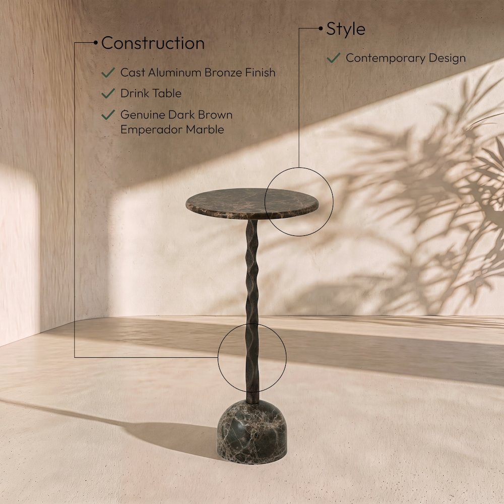 Helix Brown Genuine Marble Top And Aluminum Base End / Side Table