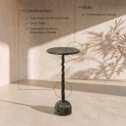 Helix Brown Genuine Marble Top And Aluminum Base End / Side Table