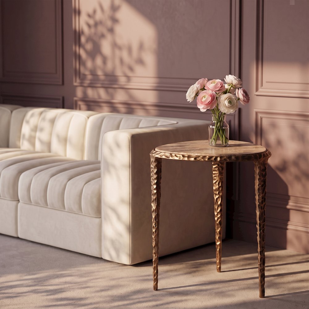 Gild Beige Genuine Marble Top And Aluminum Base End / Side Table