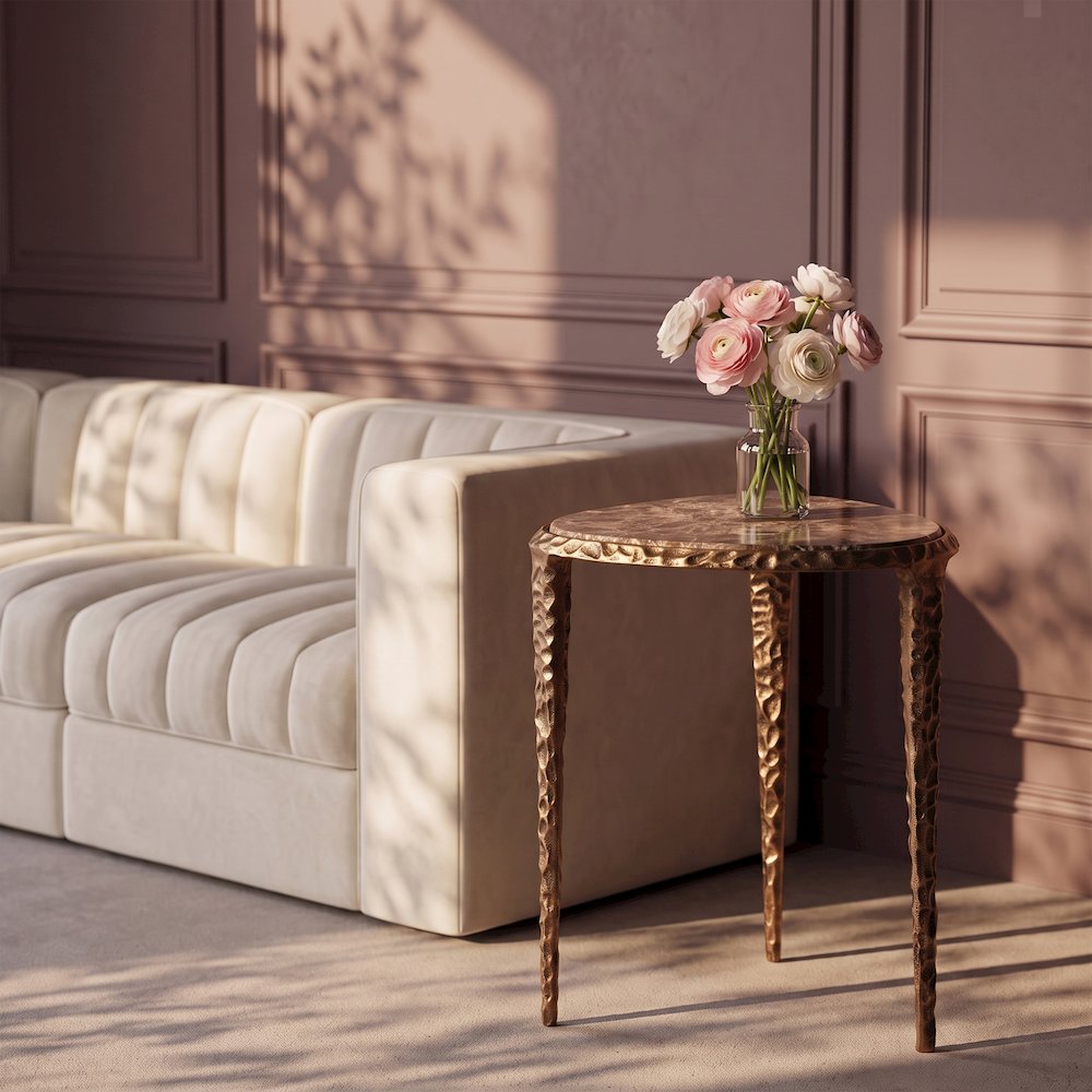 Gild Brown Genuine Marble Top And Aluminum Base End / Side Table