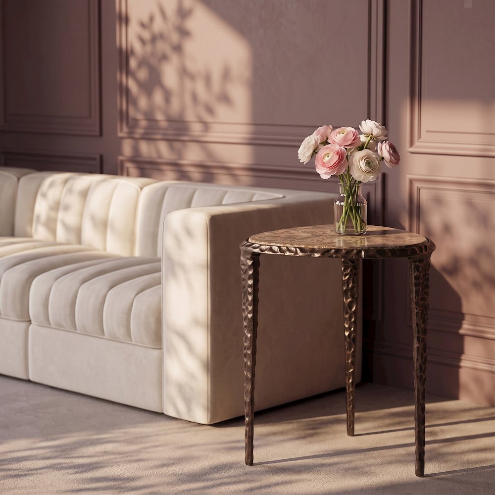 Gild Beige Genuine Marble Top And Aluminum Base End / Side Table