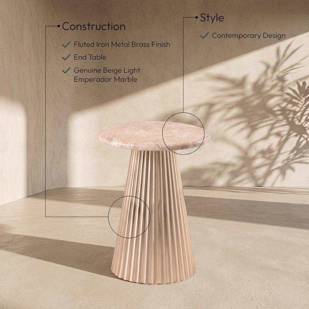 Cindra Beige Genuine Marble Top And Iron Base End / Side Table