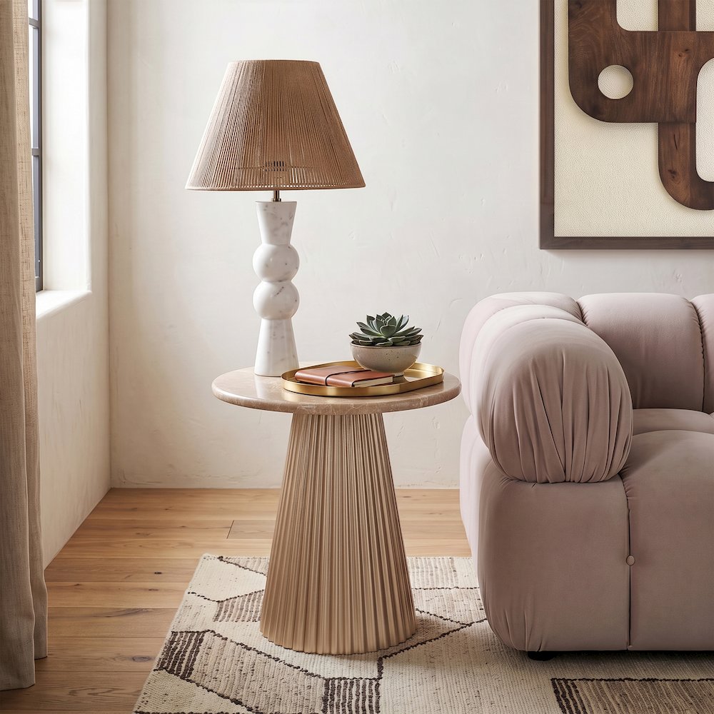 Cindra Beige Genuine Marble Top And Iron Base End / Side Table
