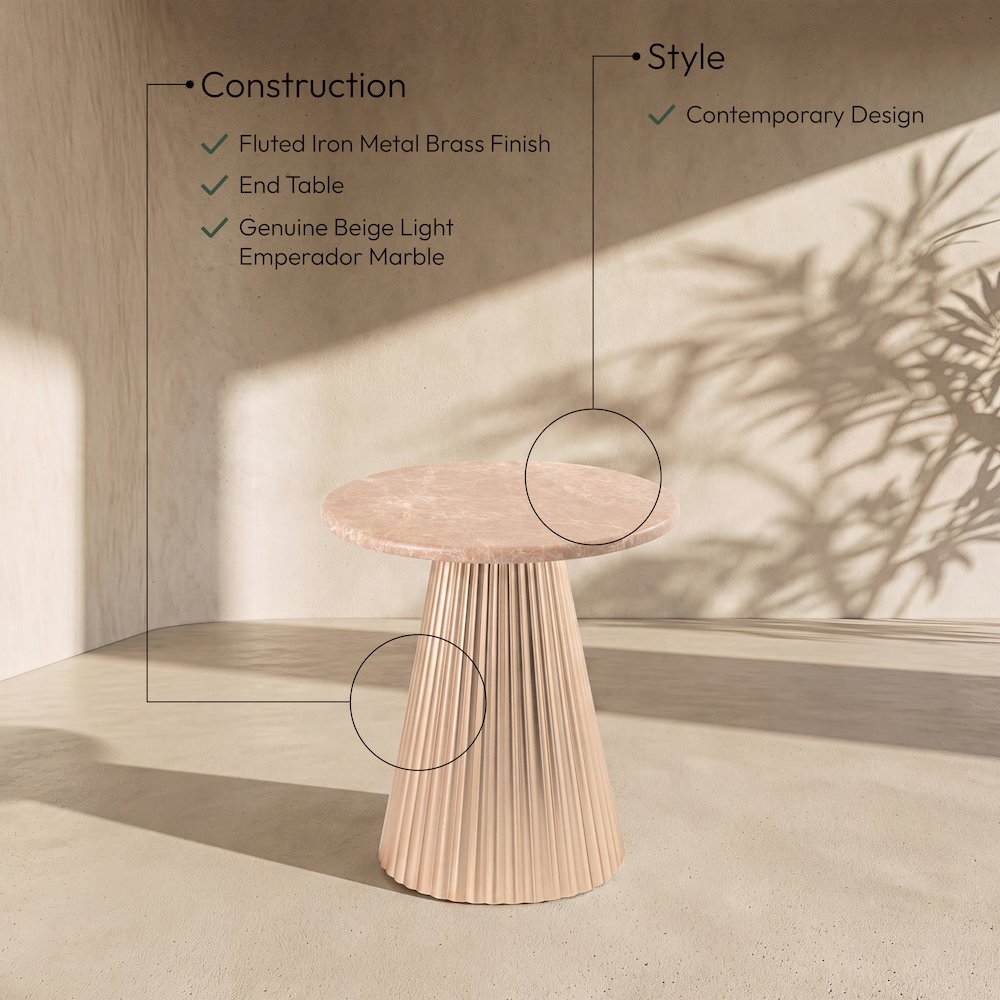 Cindra Beige Genuine Marble Top And Iron Base End / Side Table