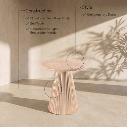 Cindra Beige Genuine Marble Top And Iron Base End / Side Table