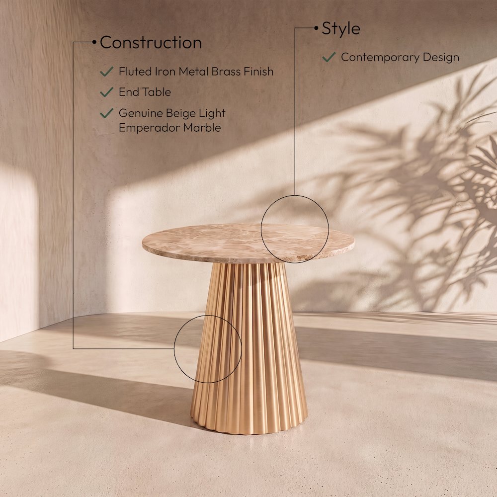 Cindra Beige Genuine Marble Top And Iron Base End / Side Table