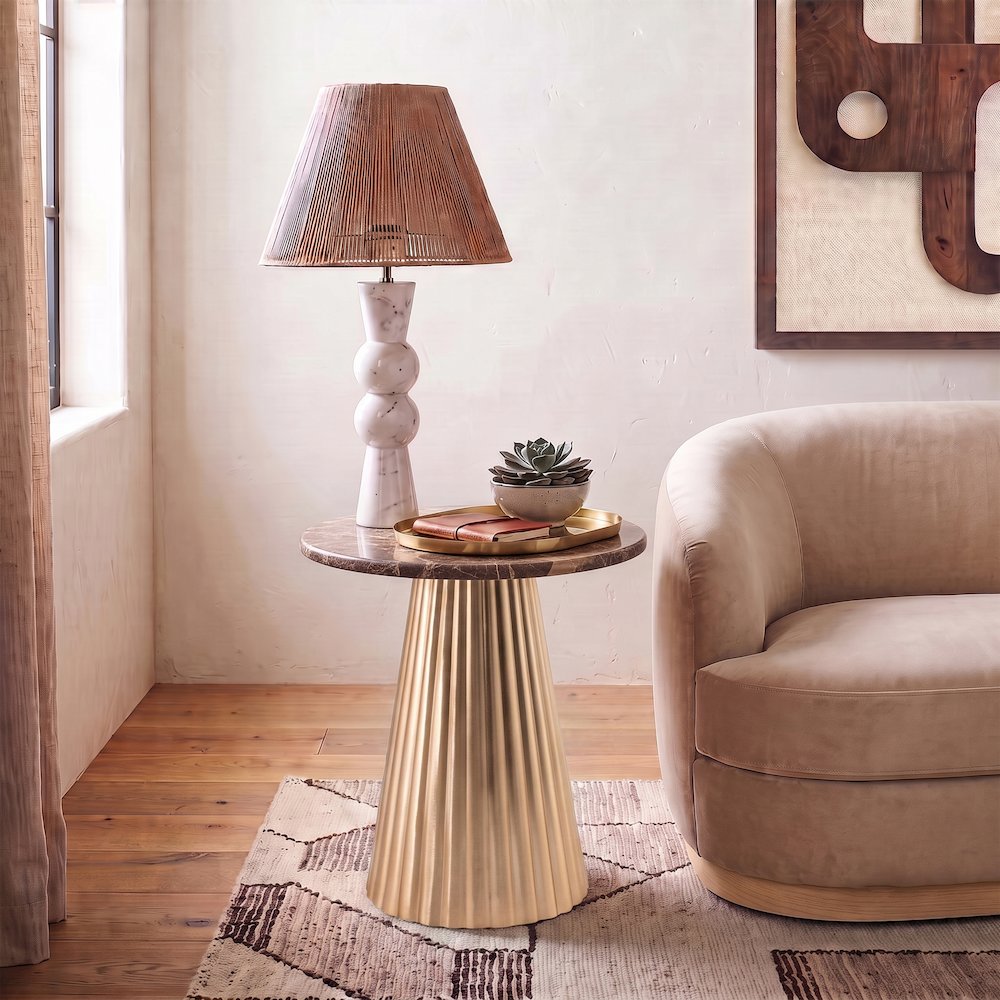 Cindra Brown Genuine Marble Top And Iron Base End / Side Table