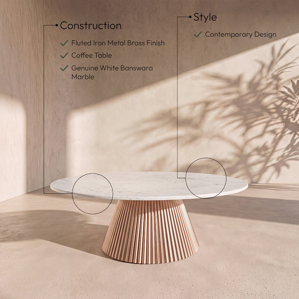 Cindra White Genuine Marble Top And Iron Base Coffee Table