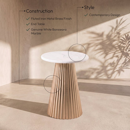 Cindra White Genuine Marble Top And Iron Base End / Side Table