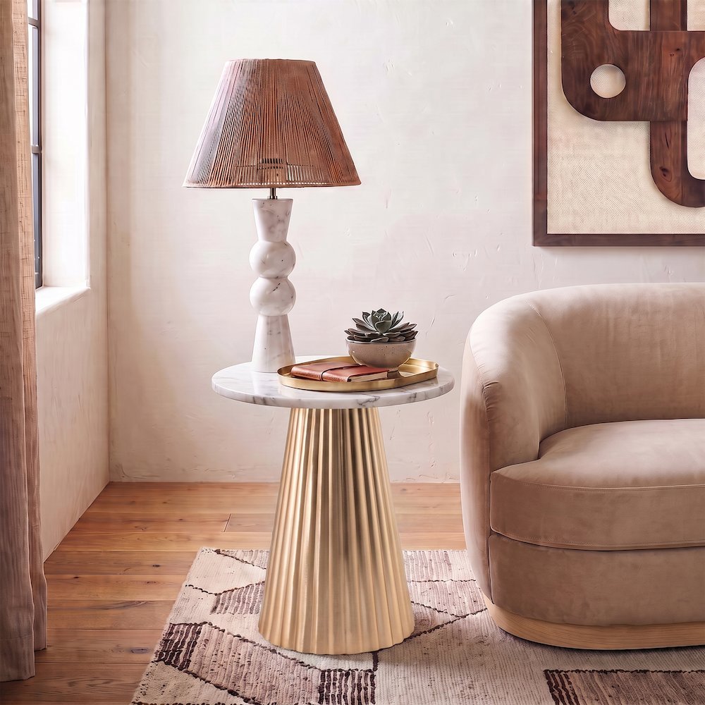Cindra White Genuine Marble Top And Iron Base End / Side Table