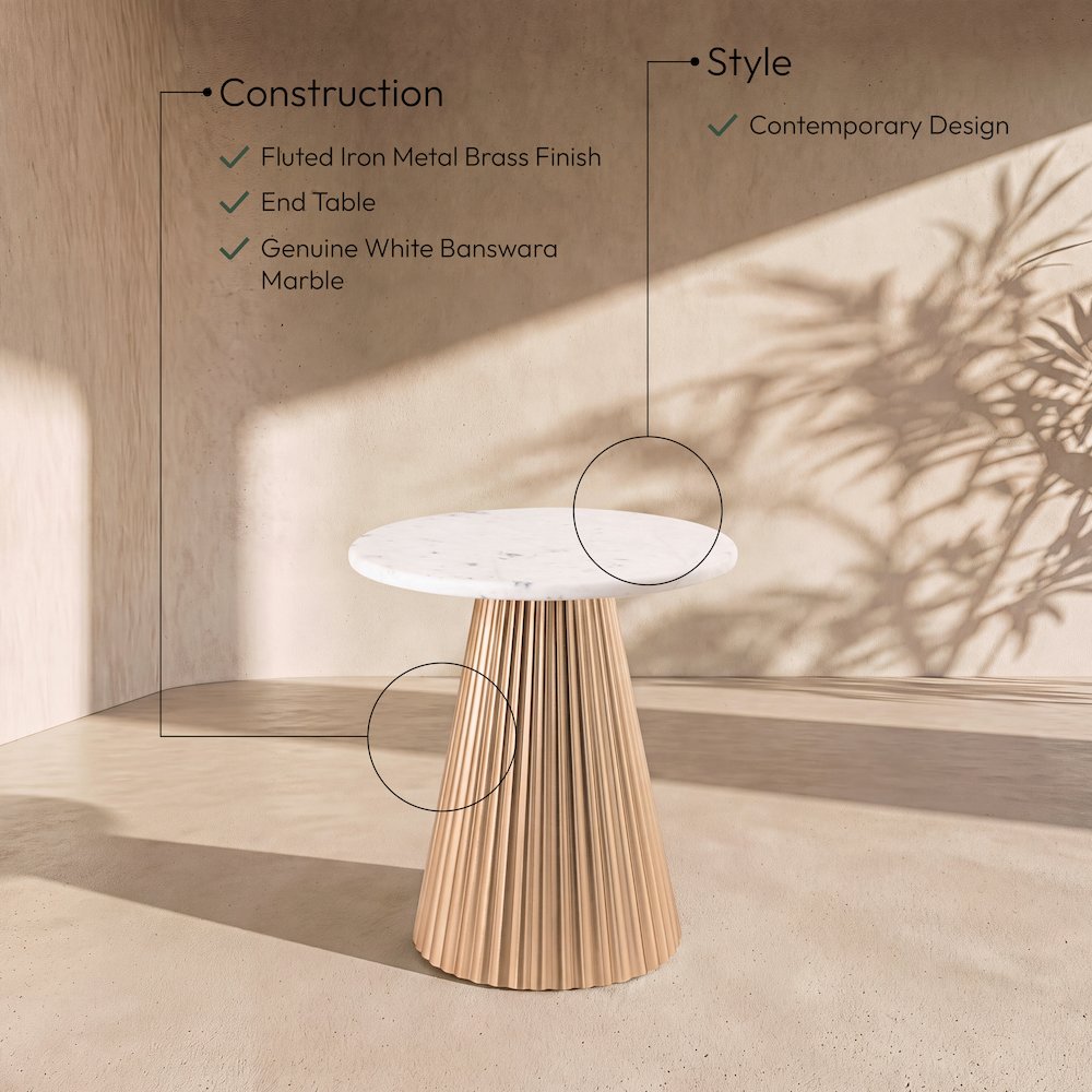 Cindra White Genuine Marble Top And Iron Base End / Side Table