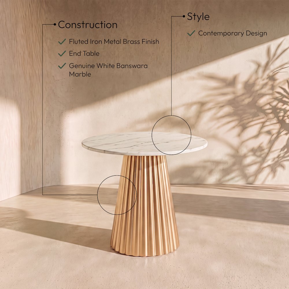 Cindra White Genuine Marble Top And Iron Base End / Side Table