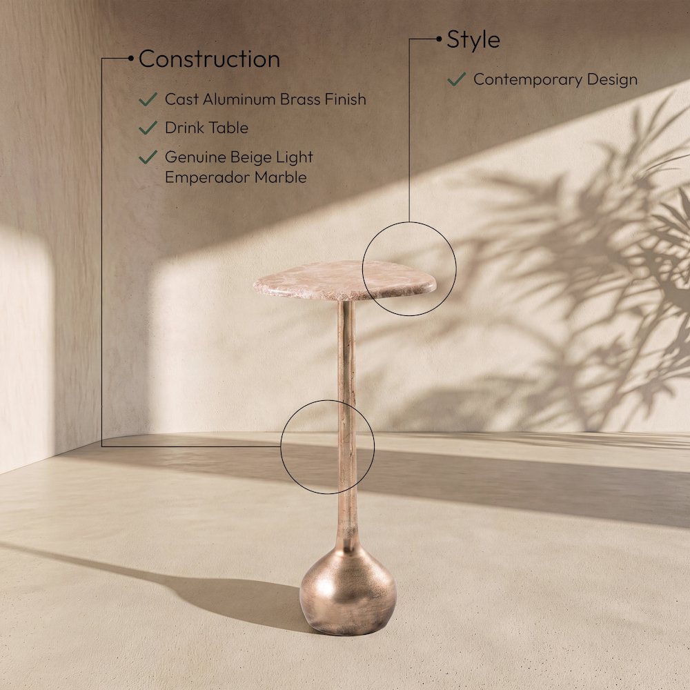 Vireo Beige Genuine Marble Top And Aluminum Base Drink Table