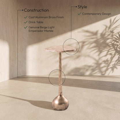 Vireo Beige Genuine Marble Top And Aluminum Base Drink Table