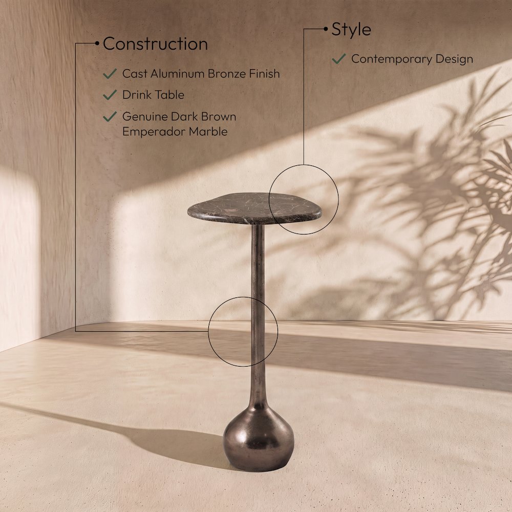 Vireo Brown Genuine Marble Top And Aluminum Base Drink Table