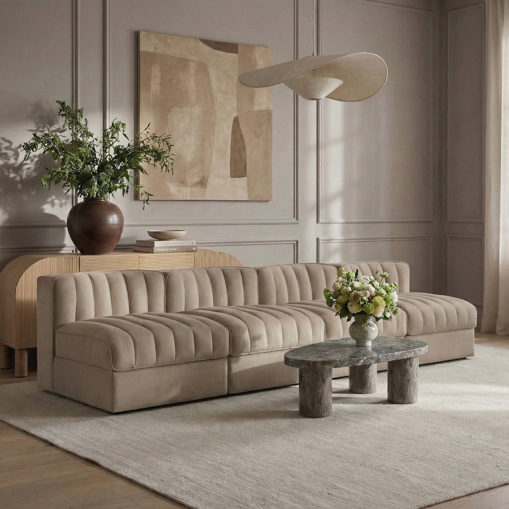 Rummi Beige Velvet Performance Fabric Upholstered 4pc. Modular Sofa