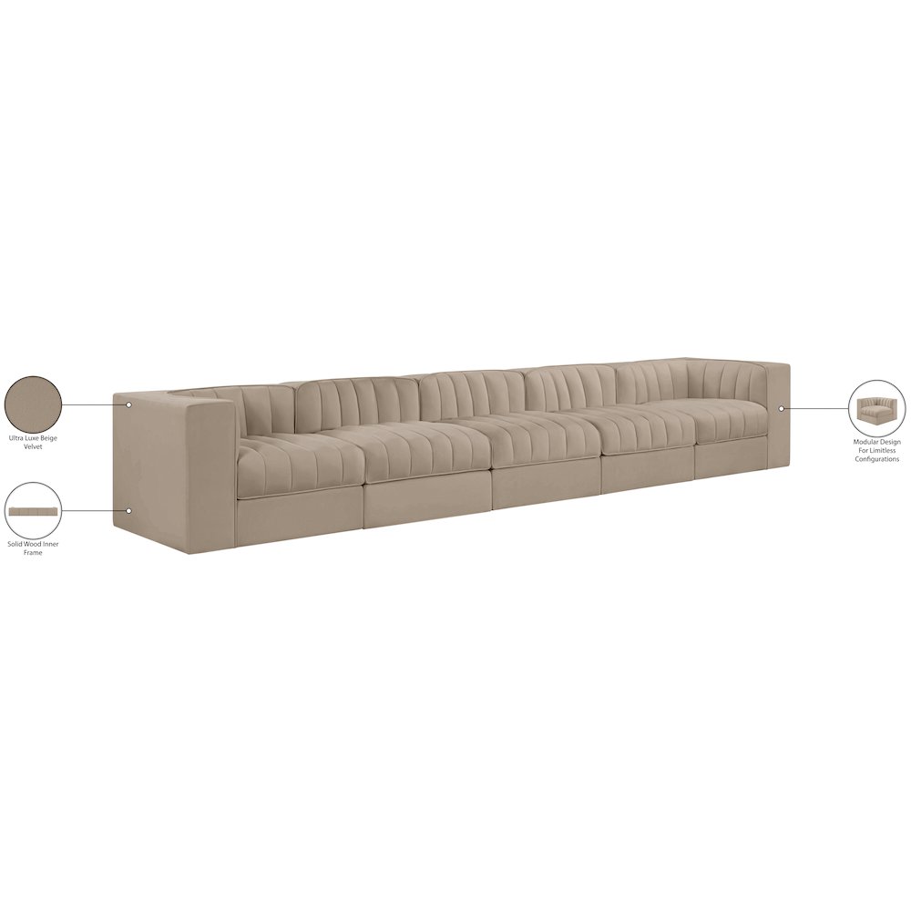 Rummi Beige Velvet Performance Fabric Upholstered 5pc. Modular Sofa