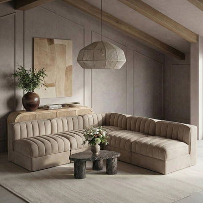 Rummi Beige Velvet Performance Fabric Upholstered 5pc. Modular Sectional