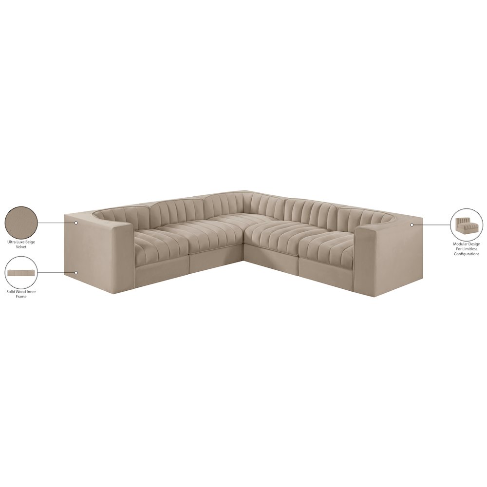 Rummi Beige Velvet Performance Fabric Upholstered 5pc. Modular Sectional