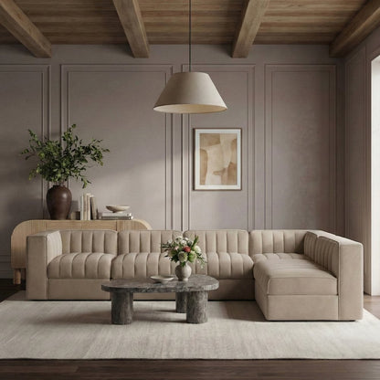 Rummi Beige Velvet Performance Fabric Upholstered 6pc. Modular Sectional
