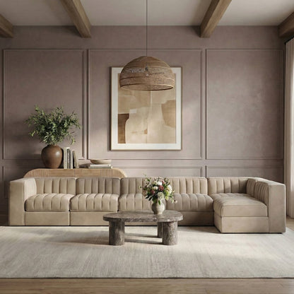 Rummi Beige Velvet Performance Fabric Upholstered 6pc. Modular Sectional