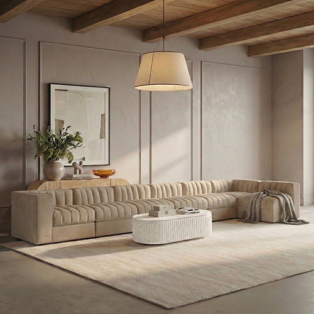 Rummi Beige Velvet Performance Fabric Upholstered 7pc. Modular Sectional