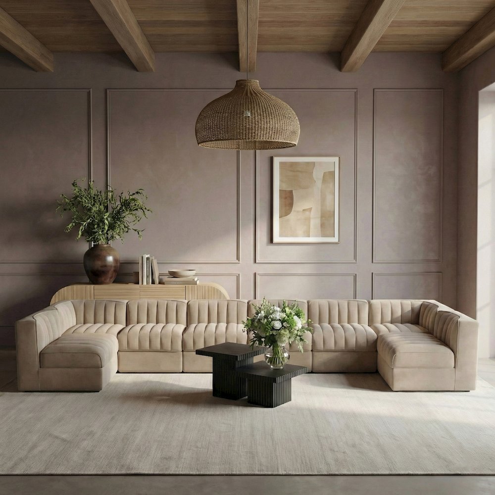 Rummi Beige Velvet Performance Fabric Upholstered 8pc. Modular Sectional