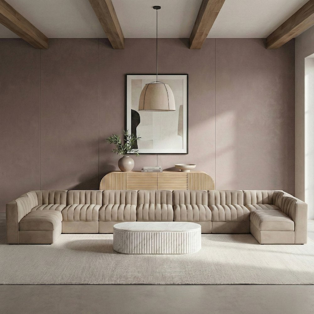 Rummi Beige Velvet Performance Fabric Upholstered 9pc. Modular Sectional