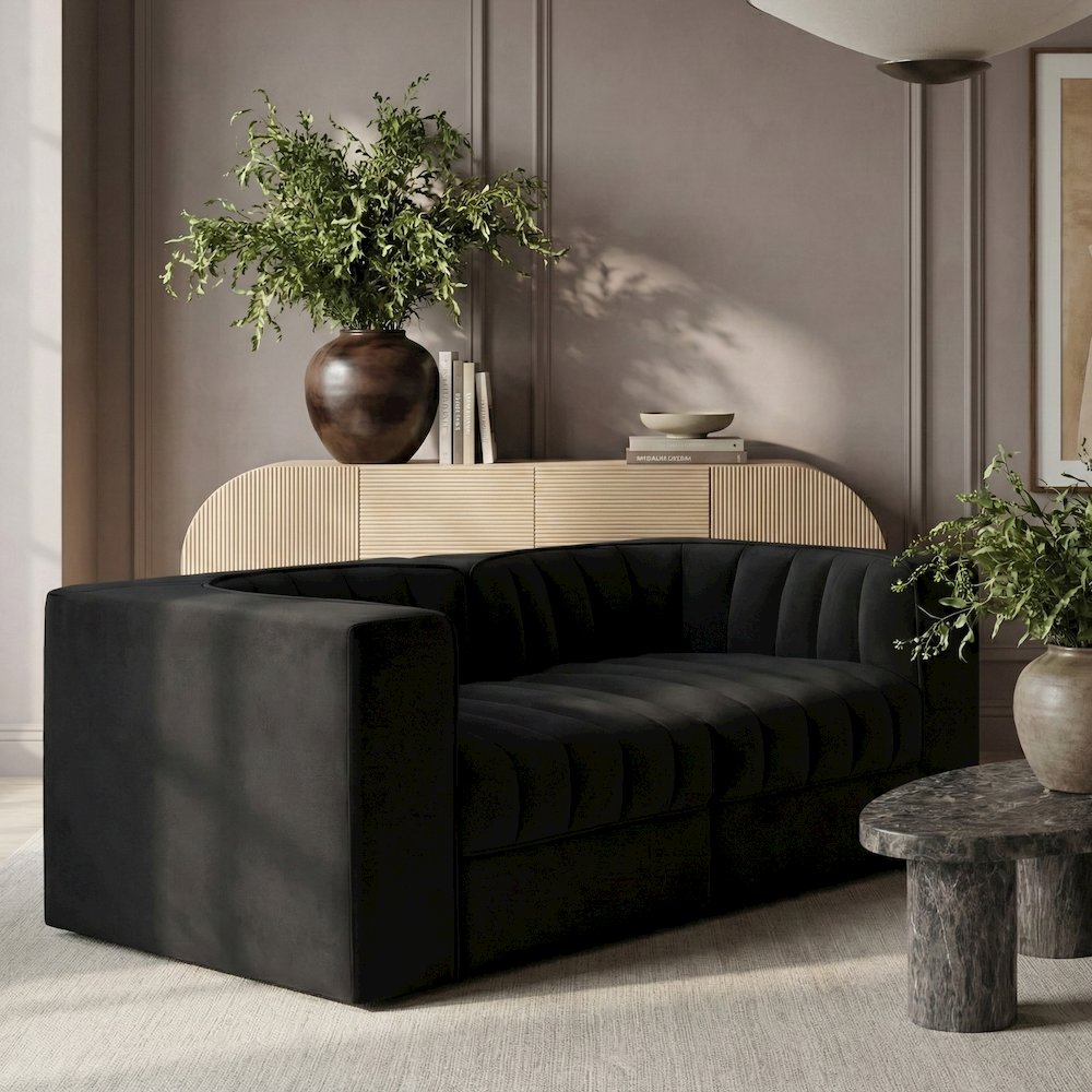 Rummi Black Velvet Performance Fabric Upholstered 2pc. Modular Loveseat