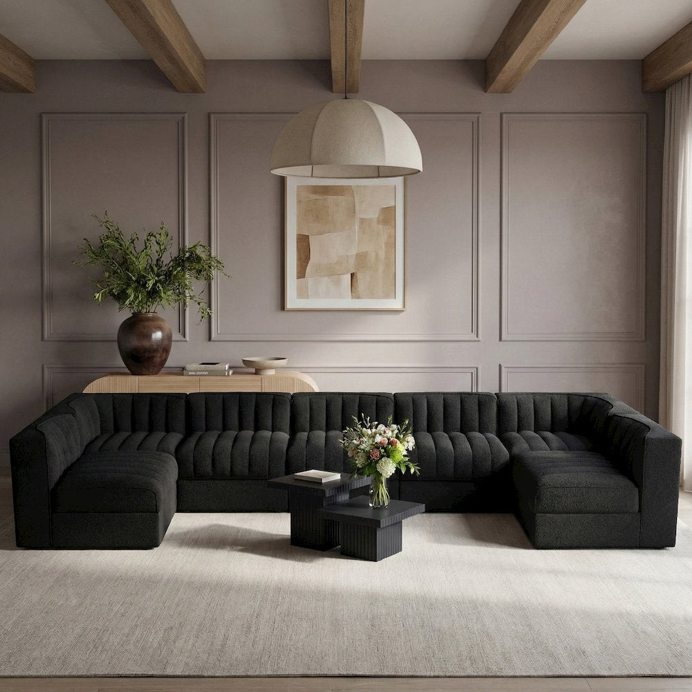 Rummi Black Velvet Performance Fabric Upholstered 7pc. Modular Sectional