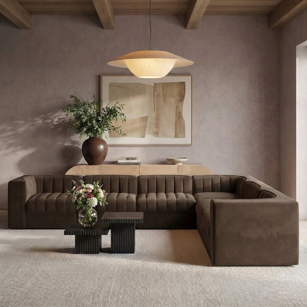 Rummi Brown Velvet Performance Fabric Upholstered 7pc. Modular Sectional