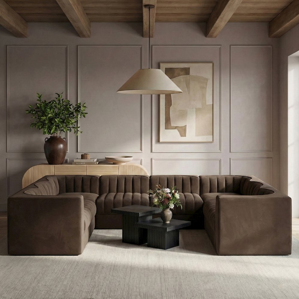 Rummi Brown Velvet Performance Fabric Upholstered 8pc.Modular Sectional