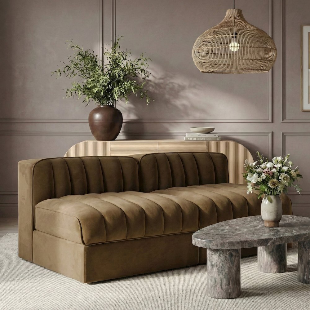 Rummi Saddle Velvet Performance Fabric Upholstered 2pc. Modular Loveseat