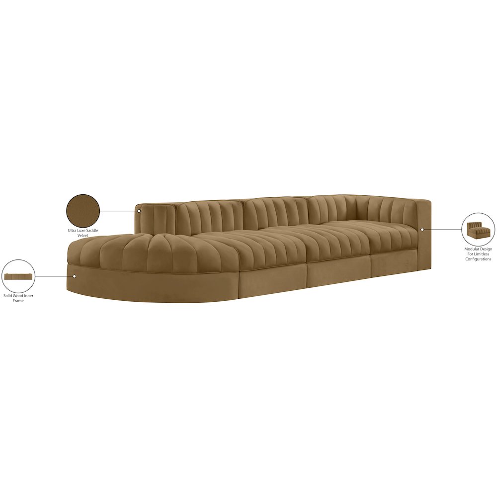 Rummi Saddle Velvet Performance Fabric Upholstered 4pc. Modular Sectional