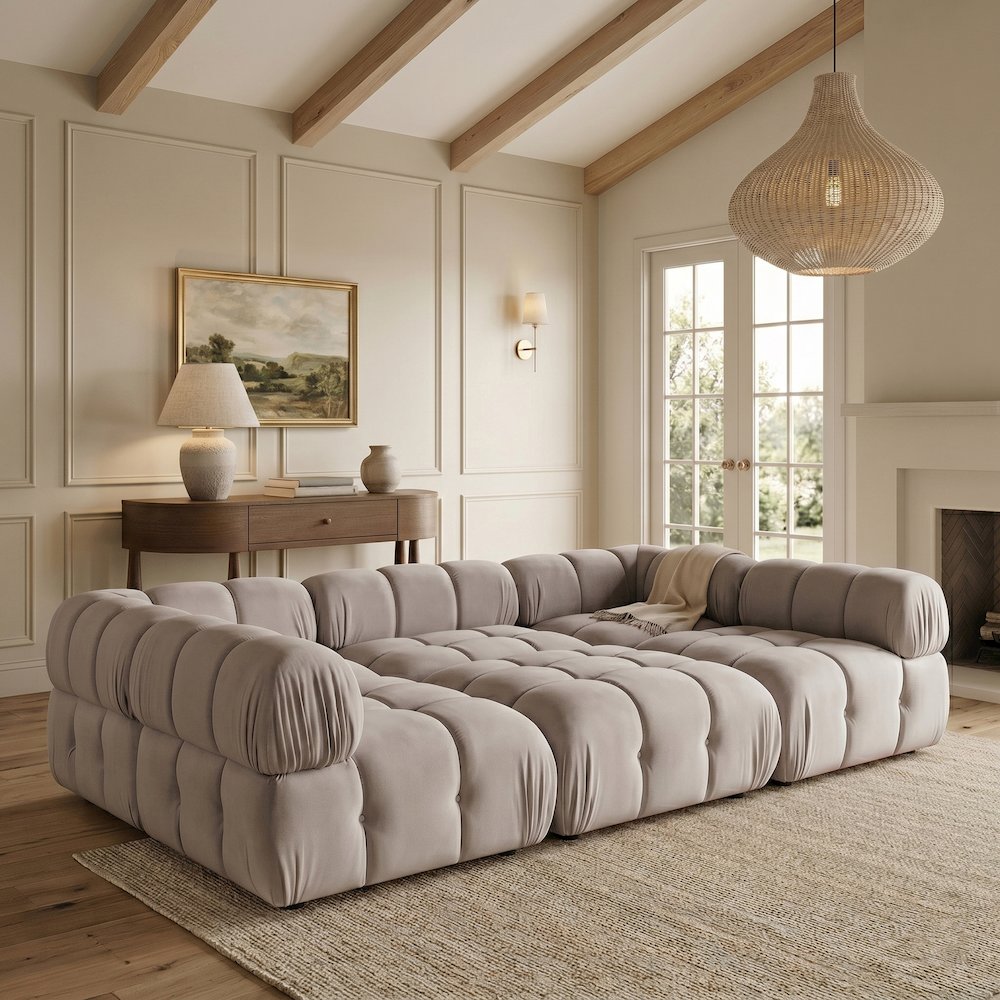 Orin Beige Velvet Performance Fabric Upholstered 6 pc. Sectional