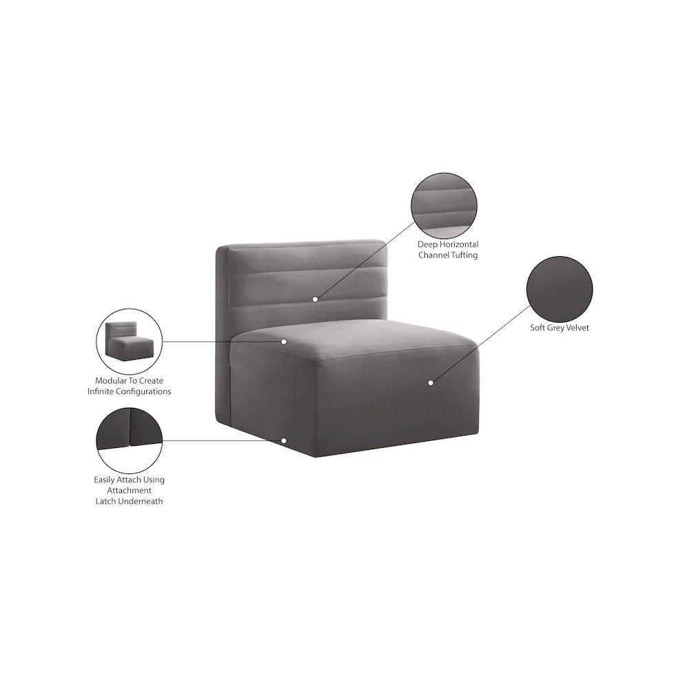 Quincy Grey Velvet Modular Armless Chair