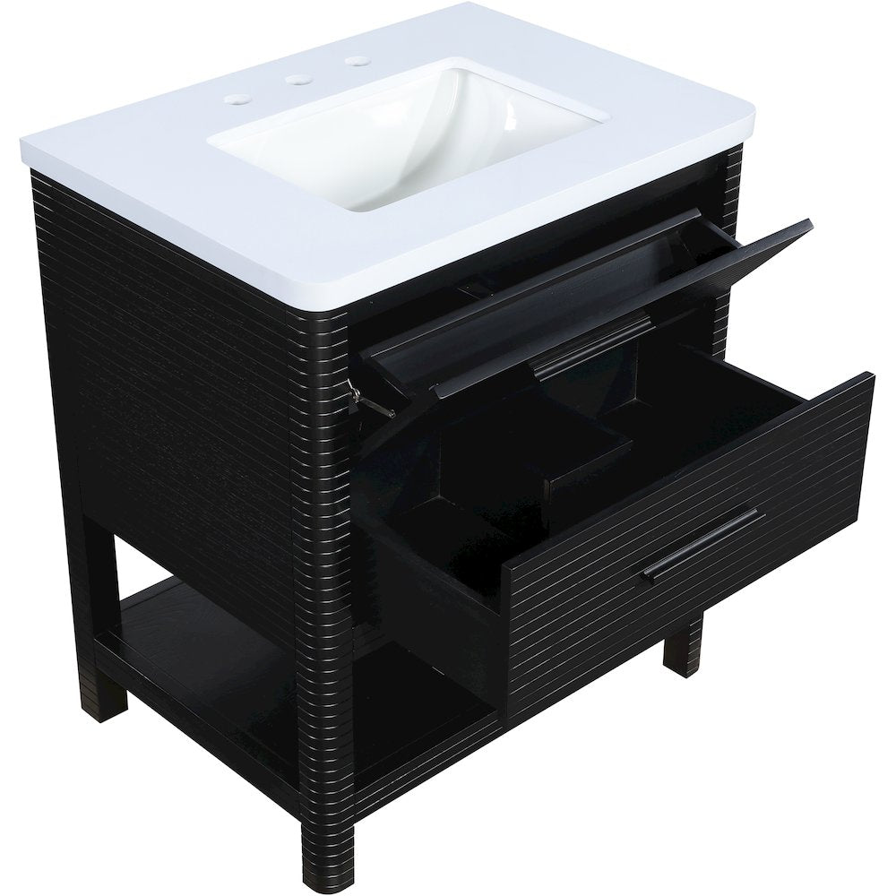 Oakwell 30" Black Engineered Stone And Solid Wood Bathroom Vanity