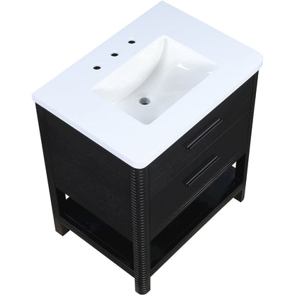 Oakwell 30" Black Engineered Stone And Solid Wood Bathroom Vanity