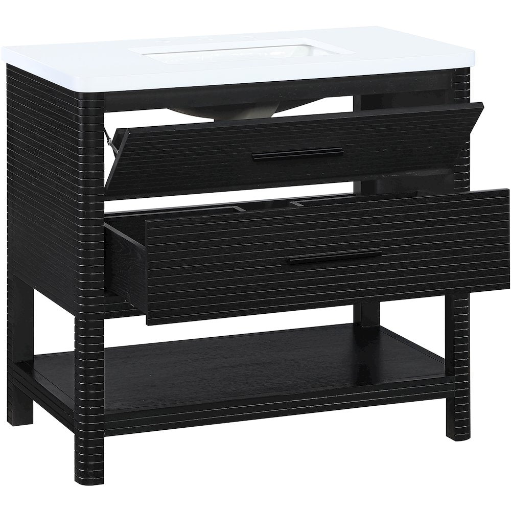 Oakwell 36" Black Engineered Stone And Solid Wood Bathroom Vanity