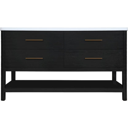 Oakwell 60" Black Engineered Stone And Solid Wood Bathroom Vanity