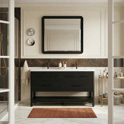 Oakwell 60" Black Engineered Stone And Solid Wood Bathroom Vanity