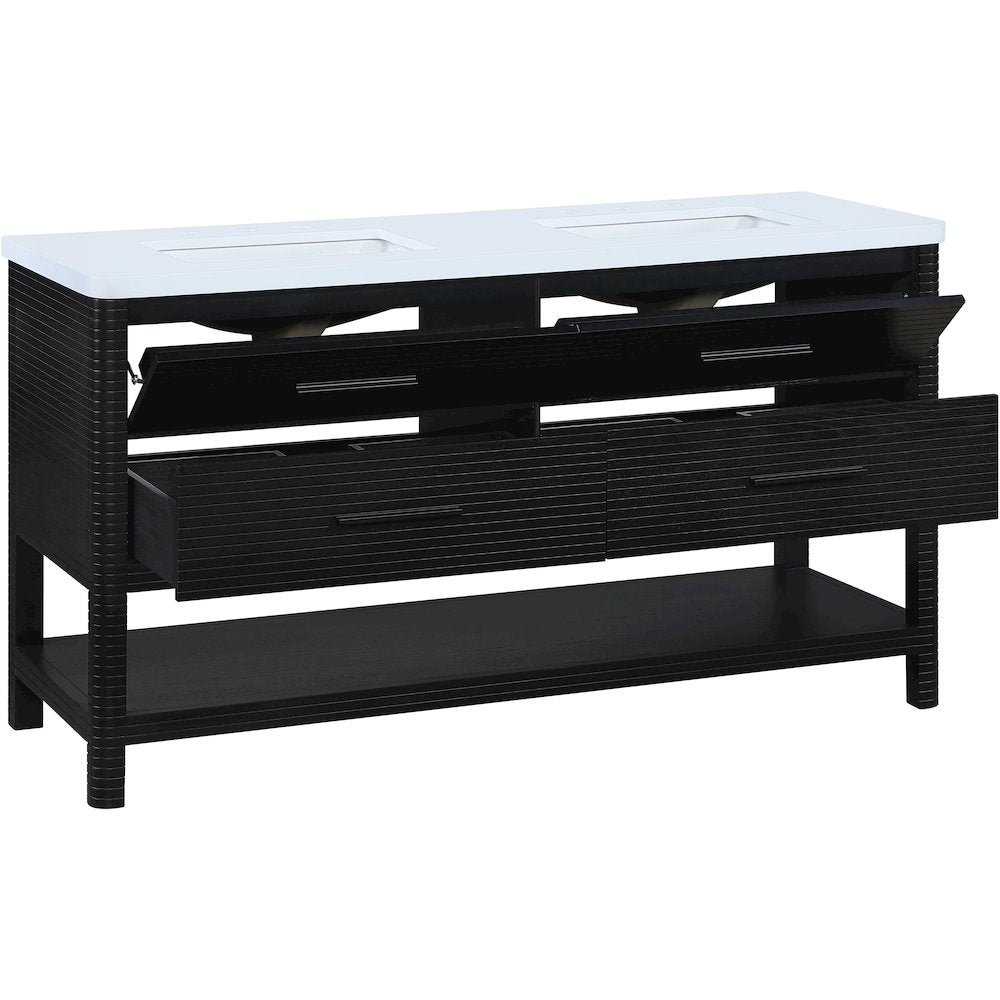 Oakwell 60" Black Engineered Stone And Solid Wood Bathroom Vanity