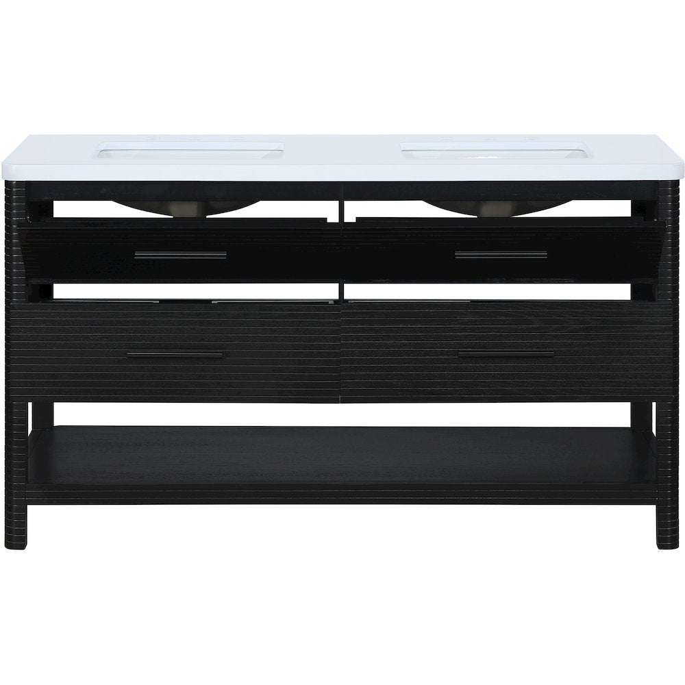 Oakwell 60" Black Engineered Stone And Solid Wood Bathroom Vanity