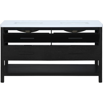 Oakwell 60" Black Engineered Stone And Solid Wood Bathroom Vanity