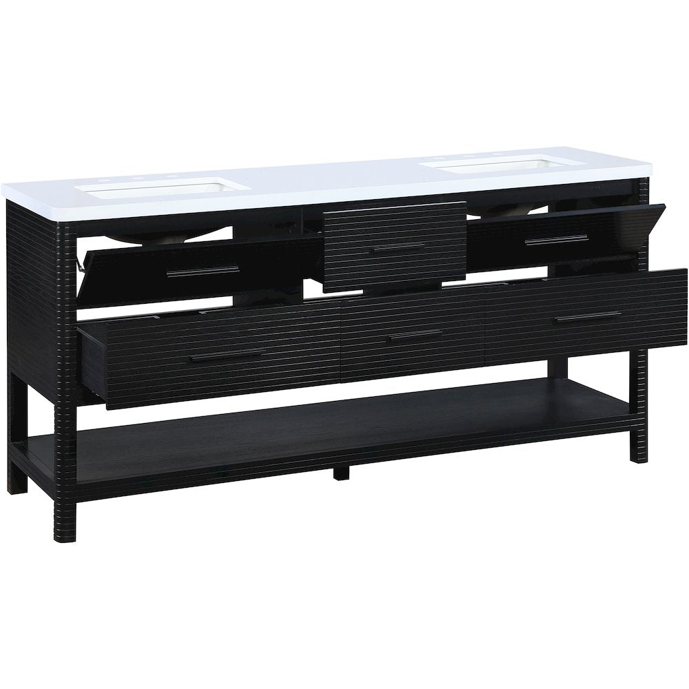 Oakwell 72" Black Engineered Stone And Solid Wood Bathroom Vanity